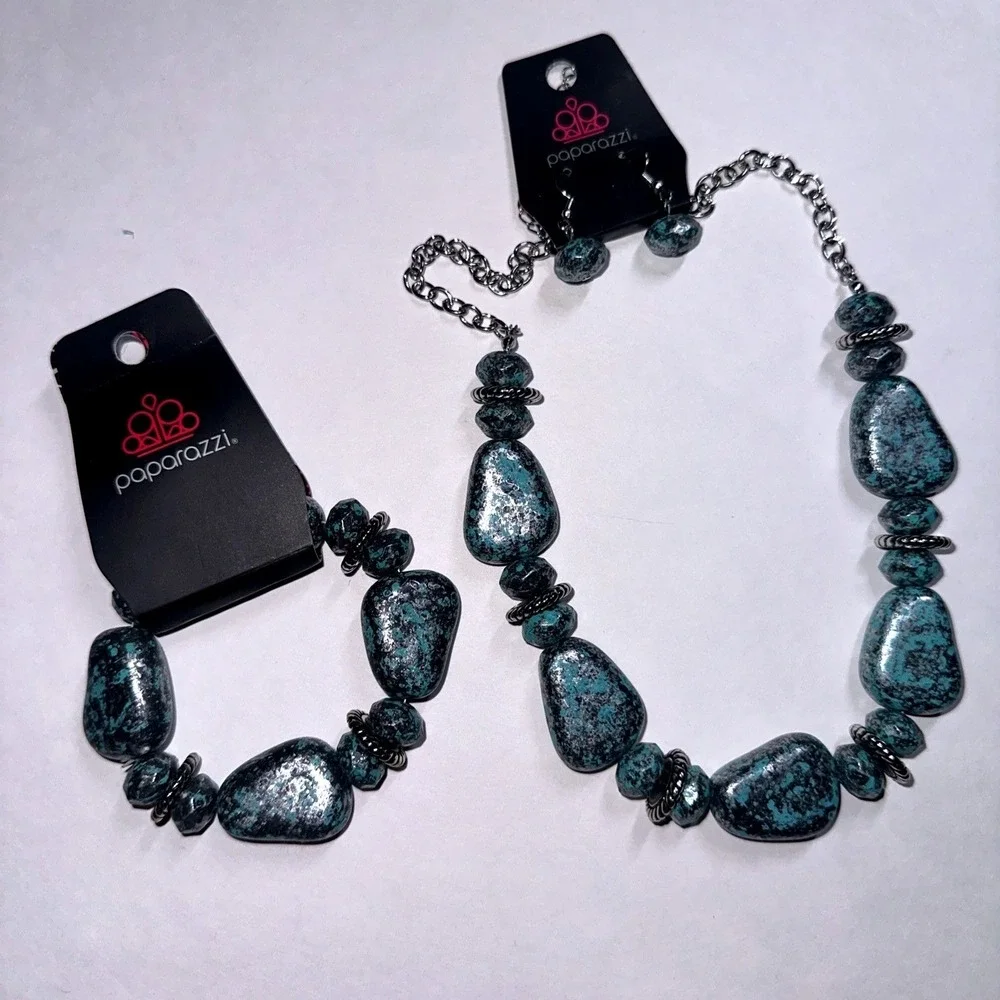 Paparazzi Jewelry Set Women OS Teal Silver NEW Necklace Bracelet Earrings Boho